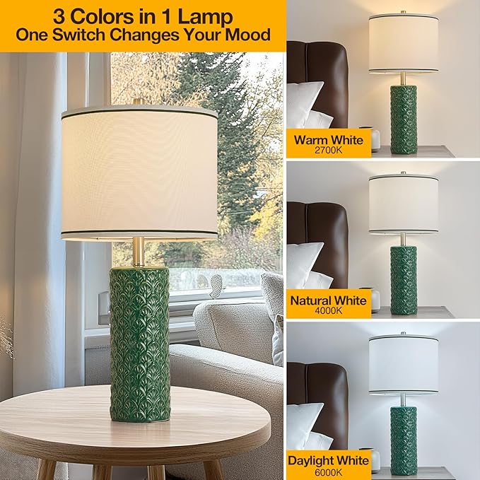 27" Farmhouse Bedside Table Lamp Set of 2, Green Modern Ceramic Lamps for Living Room, 3 Color Temperature Rustic Table Lamps for Bedroom, Night Stands, Dorm,Office, Home Décor (Bulb Included)