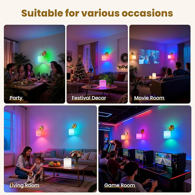 Detachable Wall Sconces Battery Operated With Hanging Hook,10000mah Battery Operated Wireless Wall Sconces Set of Two,12 RGB Gold Sconce With Remote,Renter Friendly Wall Lamps for Living Room,Bedroom