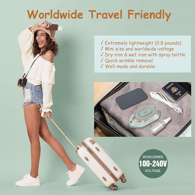 Newbealer Travel Iron Set, 100-240V Mini Dry Iron for Clothes (No Steam) | Max 300W, Heats in 60s, 302℉ Ceramic Soleplate, Handy Heat Press, 0.8lbs Lightweight for Quick Touch-ups Worldwide (Green)