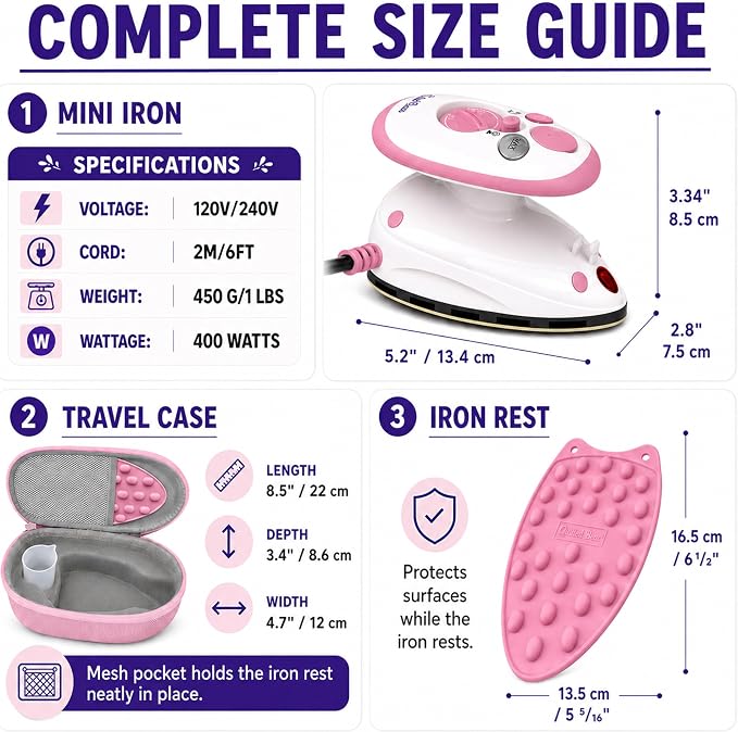 The Quilted Bear Premium Mini Steam Iron - Lightweight Mini Travel Iron for Effortless Quilting & Wrinkle-Free Clothes with Carry Case & Iron Rest Set - Travel Steamer for Clothes & Crafts (Pink)