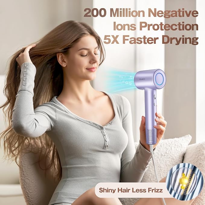 Labiim Hair Dryer, High-Speed Ionic Blow Dryer 110,000 RPM Brushless Motor for Fast Drying, 200M Ions Frizz & Thermo-Control HairDryer with Magnetic Nozzle, Quiet Compact for Home Travel, Purple