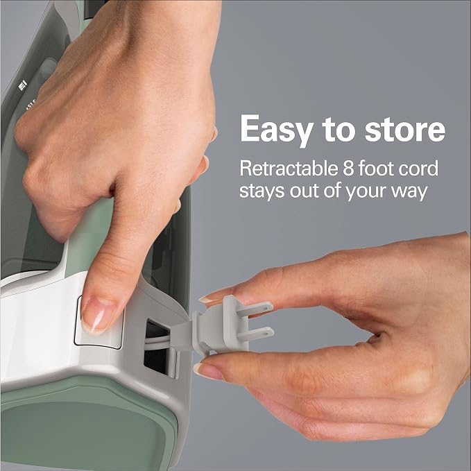 Hamilton Beach Steam Iron & Vertical Steamer for Clothes with Scratch-Resistant Durathon Soleplate, Digital Fabric Selector + 8’ Retractable Cord, 3-Way Auto Shutoff, Anti-Drip, 1800 Watts, Green