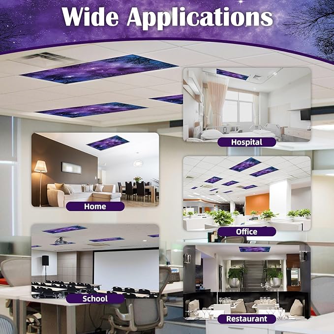 ANGSYLTH 8 Pcs Fluorescent Light Covers - 4 x 2 Feet Covers for Ceiling Lights, 8 x 10 Magnetic Light Filters for Classroom, Office, Hospitals (Forests & Starry Sky)