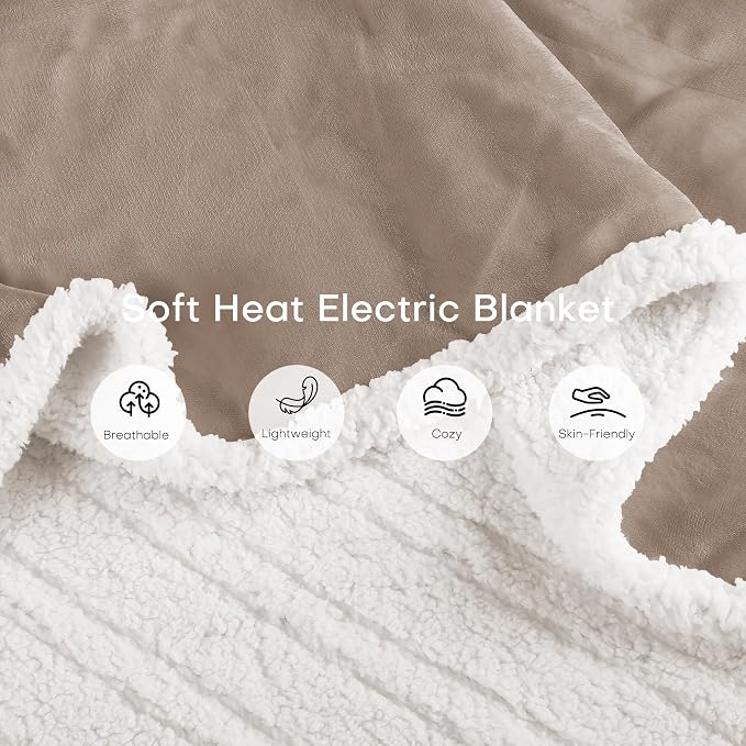 Electric Heated Blanket 62"x84" Twin Size for Safe All Night Rest, Dual-Sided Microplush Sherpa for Bedroom Couch Use, 4 Heat Settings & 10 Hours Auto Off Energy Saving, Machine Washable - Light Brown