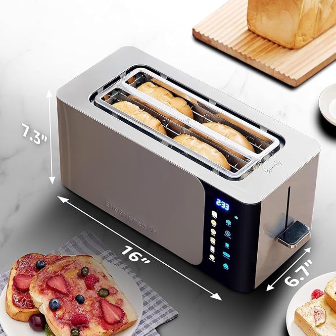 Elite Gourmet ECT5924D SmartToast Digital Long Slot 4 Slice Toaster, 1370W Even Heat, Extra Wide 1.5" Slots for Bagels & Texas Toast, Touch Screen, 6 Shades, 6 Bread Types, Defrost, Reheat, Steel