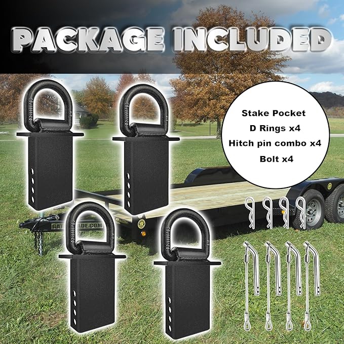 Stake Pocket D Rings 4pcs Upgrade 18000lbs Heavy Duty D-Ring Tie Downs for Utility Trailers and Flatbed Trucks w/Hitch Pin w/Steel Cables, Removable Tie Downs for Flatbed Cargo Trucks, Black