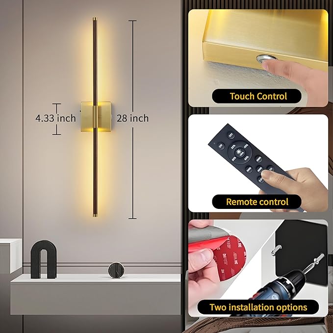 15800 mAh Battery Operated Wall Sconces with Remote Control Dimmable Battery Powered Cordless Rechargeable Wall Sconces Set of Two 3000K LED Walnut Wood and Brass Gold Wireless Wall Light for Bedroom