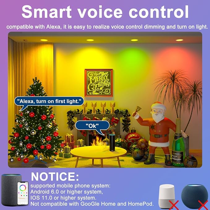 SikSog 24Pack Smart Recessed Lighting 4 Inch RGBCW Color Changing 12W LED Downlight with Junction Box,1080 Lumen Recessed Ceiling Light Compatible with Alexa,Dimmable by Bluetooth Control