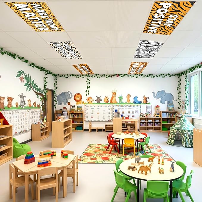 Wiooffen 8Pcs Fluorescent Light Covers for Classroom Ceiling Light 4x2Ft Positive Magnetic Lights Cover Filter Easy Install for Back to School Office Hospital Ceiling Supply (Animal Print)