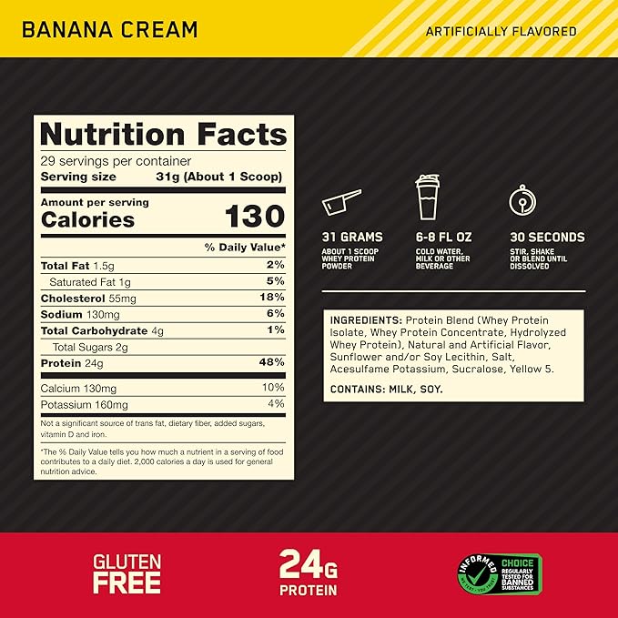 Optimum Nutrition Gold Standard 100% Whey Protein Powder, Banana Cream, 2 Pound (Packaging May Vary)