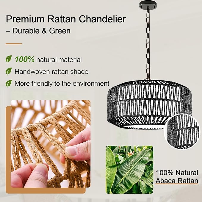 9"-52" Height Adjustable Farmhouse Chandelier Light Fixture, 5-Light Rattan Boho Chandeliers for Dining Room, Hand Woven Pendant Light with Linen Shade, Rustic Hanging Lighting for Kitchen Island