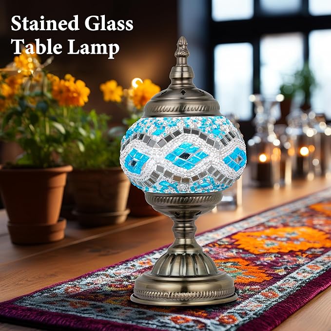Marrakech Tiffany Lamp Morrocan Table Lamp with Vintage Style, Handmade Turkish Mosaic Lamps with Bronze Base Including LED Bulb for Living Room Bedroom Decor (Blue)