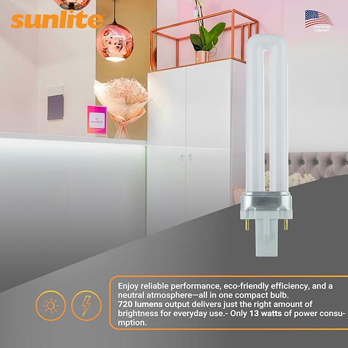 Sunlite PL13/SP35K Compact Fluorescent Single U-Shaped Twin Tube Light Bulb, 13 Watts, 120 Volts, 720 Lumens, 2-Pin GX23 Base, 3500K Neutral White, 10 Pack