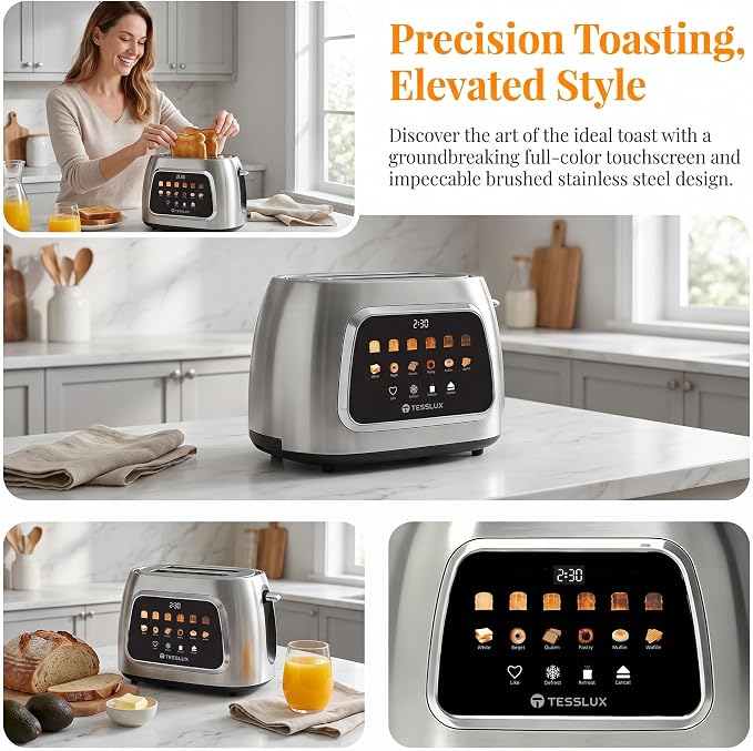 Tesslux 2 Slice Toaster with Touch Screen Control, 1.5" Wide Long Slots, 6 Browning Levels & 6 Bread Types, Digital Timer, Memory, Defrost, Reheat (Silver, 2 Slice)