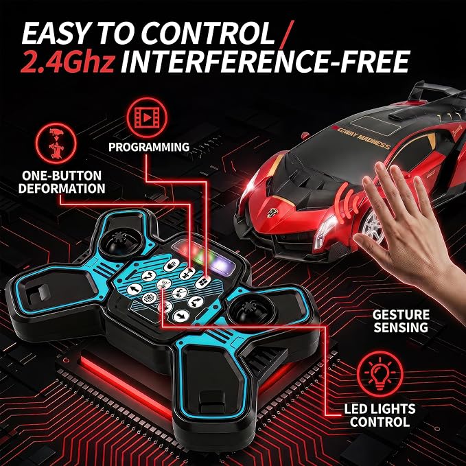 1:10 Big Size Transform RC Car, Gesture Sensing Transformation 2.4GHz Remote Control Car, One Button Deformation to Robot with Lights, Transforming Toy Cars Gift for Kids Age 8-12 Years Old Boys(Red)