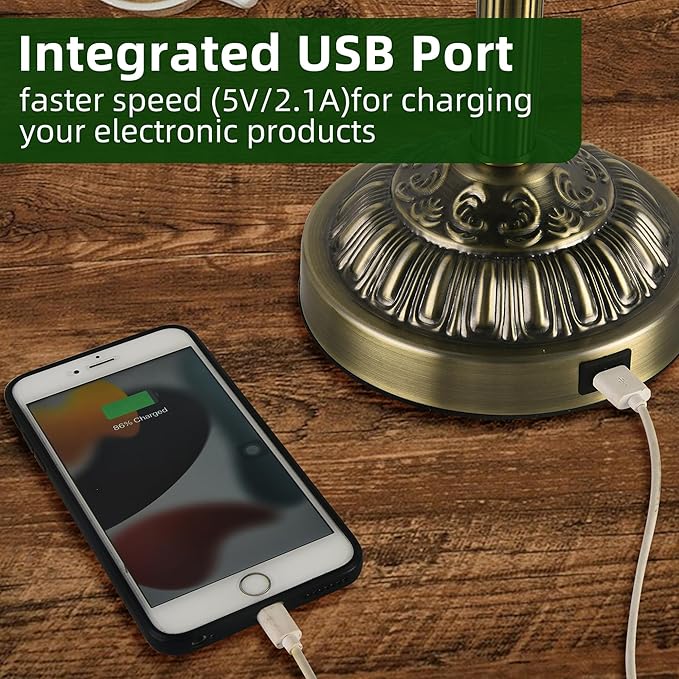 Bankers Desk Lamp with USB-A Charging Port, Vintage Desk Lamps with Pull Chain Green Glass, Antique Brass Banker's Lamp for Home Office Library