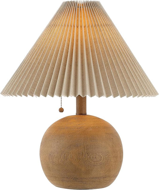 JONATHAN Y 17.25" Brown Wood Finish Sphere Table Lamp, Mid-Century Bedside Nightstand with Beige Pleated Linen Shade, Scandinavian Coastal Style, LED Bulb Included JYL1145A