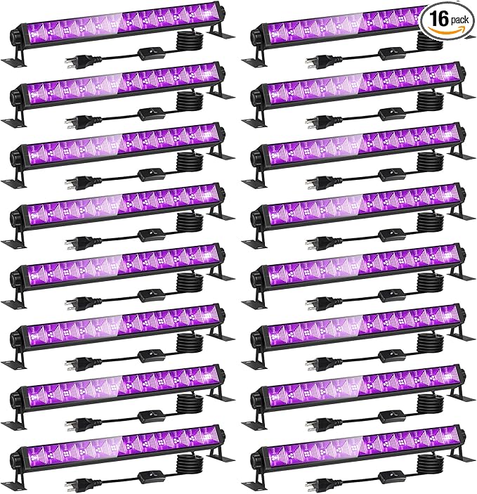16 Pack 40W LED Black Light Bar, Black Lights Light Up 8000ft² with Switch+Plug+6ft Cord, for Glow Party Supply, Halloween, Bedroom, Body Paint, Fluorescent Party