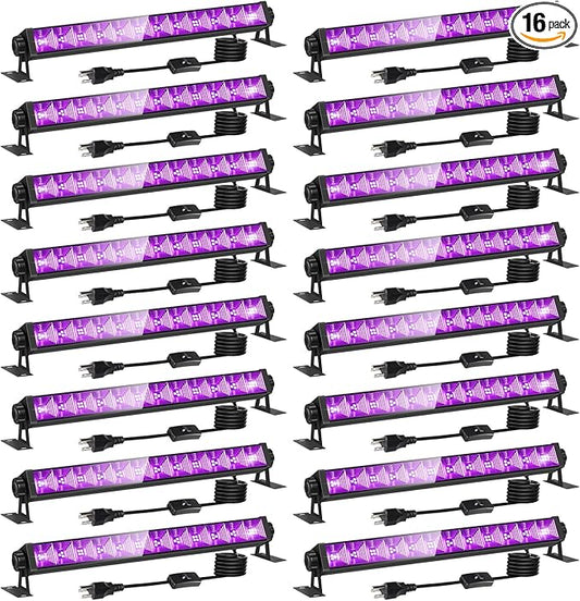 16 Pack 40W LED Black Light Bar, Black Lights Light Up 8000ft² with Switch+Plug+6ft Cord, for Glow Party Supply, Halloween, Bedroom, Body Paint, Fluorescent Party