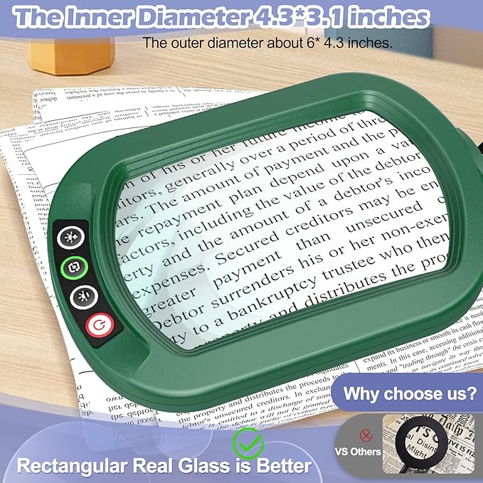 Drdefi 10X Square Magnifying Glass with Light and Stand, Real Glass LED Lighted Magnifier, 5 Color Modes Stepless Dimmable, Hands-Free Mag Desk Lamp with Clamp for Reading Craft Hobby Close Work Green