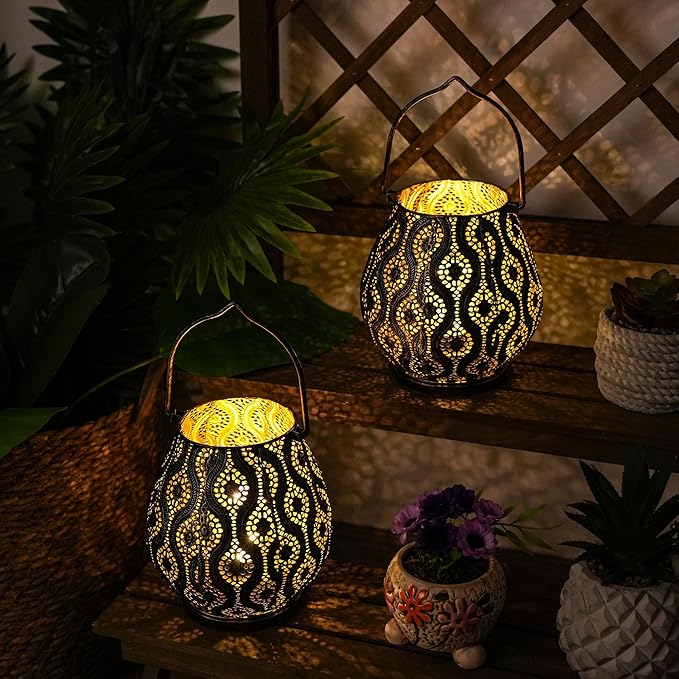 TRIROCKS Set of 2 Moroccan Decorative Lamps 8'' High Cordless Lamp Metal Table Lamps with Fairy Lights Bulb for Home Living Room Garden Yard Party Events Tabletop Indoor Outdoor(Black)
