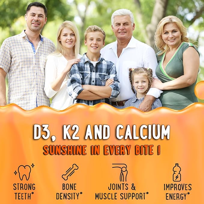 Gummies de Vitamine D3 K2 et Calcium fourrées au centre - Supplément pour des Dents, des Os et de l'Énergie Sains - 5000 UI D3, 120 mcg K2 (MK-7), 120 mg CA - Végétalien et Sans OGM - 60 Unités
