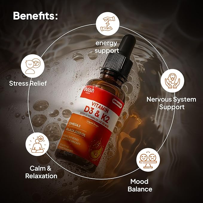 Gouttes liquides de Vitamine D3 K2, Pack de 2 Gouttes de Vitamine D avec Oméga 3, 5000 UI D3, 120mcg K2, pour le Soutien Immunitaire et la Santé des Os Huile de Nigelle & MCT Bio, Multivitamine Liquide pour Femmes et Hommes