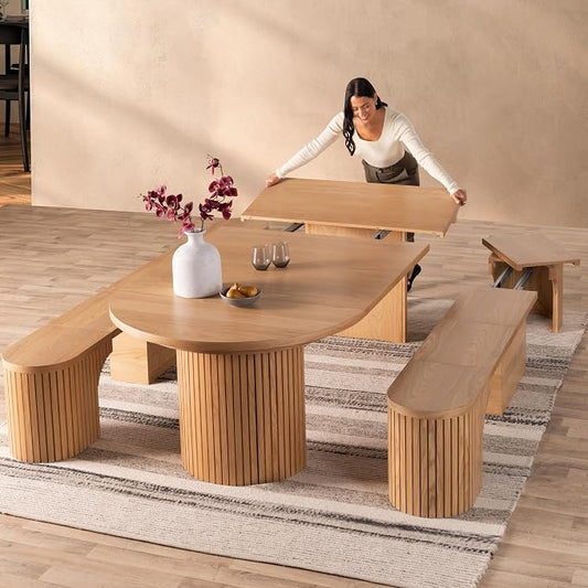 Transformer Table - Solid Wood Extendable Round Dining Table Set with 2 Benches, Seats 4-10, Extendable Round Dining Set, Bench with Panel Storage, Natural (Table + 2 Benches)