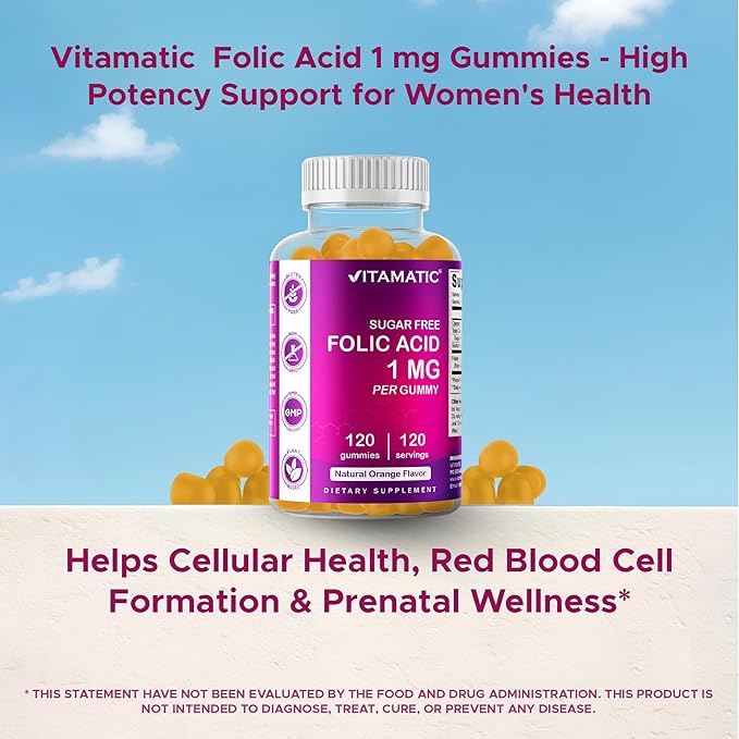 Vitamatic Folic Acid Gummies 1000 mcg (1 mg) – Essential Prenatal Vitamin B9 for Mom & Baby – 120 Vegan Gummies per Bottle – 2 Pack