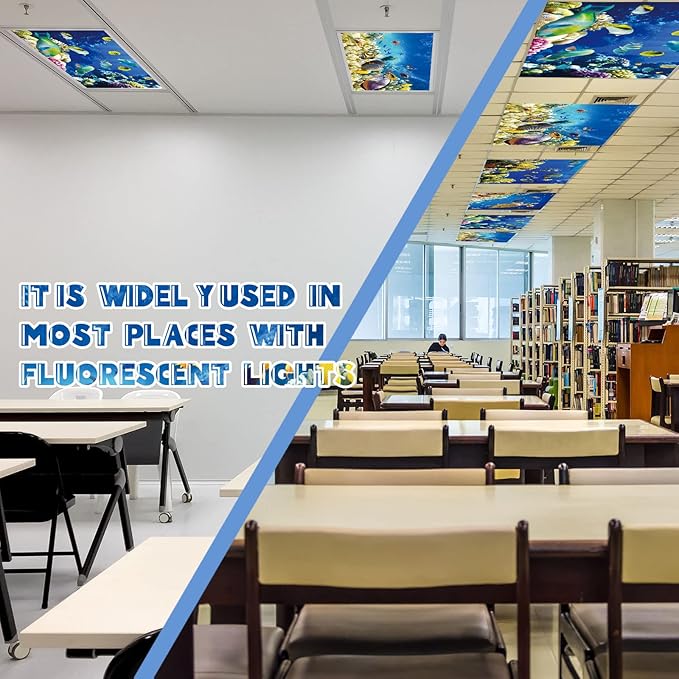 Amylove 4 Pcs Fluorescent Light Covers Classroom Ceiling Panels Light Filters with Backlit Film Material for Office School, 4 x 2 Feet(Novel Color,Ocean)
