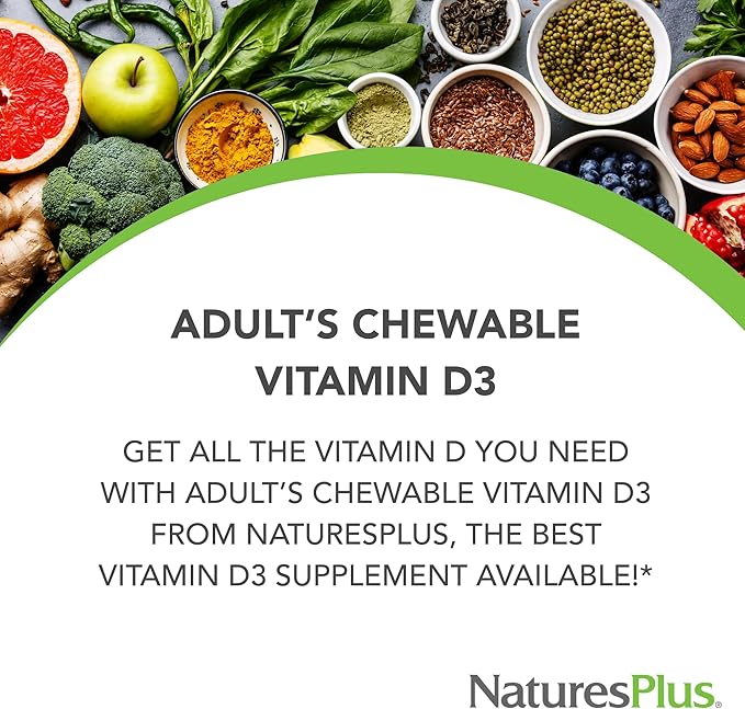 NaturesPlus Vitamine D3 (1000 UI) - 90 Comprimés à Croquer, Saveur Baies Tropicales - Végétarien, Sans Gluten - 90 Portions