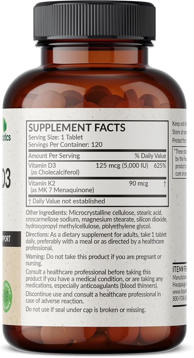 Futurebiotics Vitamine K2 avec D3, Soutien 2 en 1, 5000 UI Vitamine D3 et 90 mcg Vitamine K2 MK-7 Sans OGM, 120 Comprimés