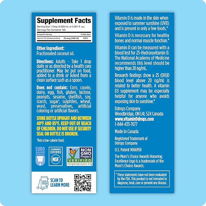 Ddrops Adultes 1000 UI 180 Gouttes, Vitamine D Liquide. Soutient des os solides et le système immunitaire. Pas de grosses capsules, sans conservateurs, sans OGM, hypoallergénique.