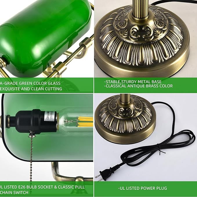 Bankers Desk Lamp with USB-A Charging Port, Vintage Desk Lamps with Pull Chain Green Glass, Antique Brass Banker's Lamp for Home Office Library