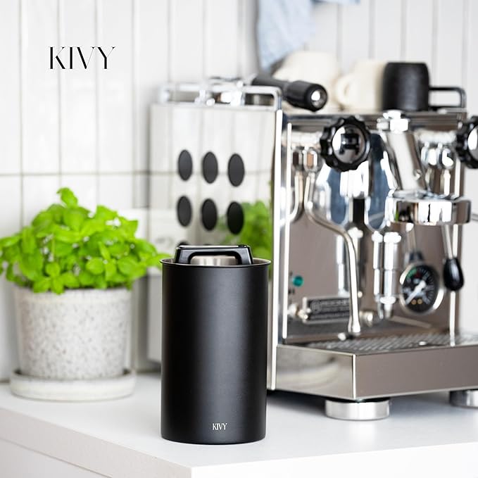 KIVY Vacuum Coffee Canister (Glass) - Push Lid Preserves Coffee Aroma & Oil - Stainless Steel Airtight Coffee Canister - Coffee Container for Ground Coffee & Coffee Bean Storage - Removes Excess Air