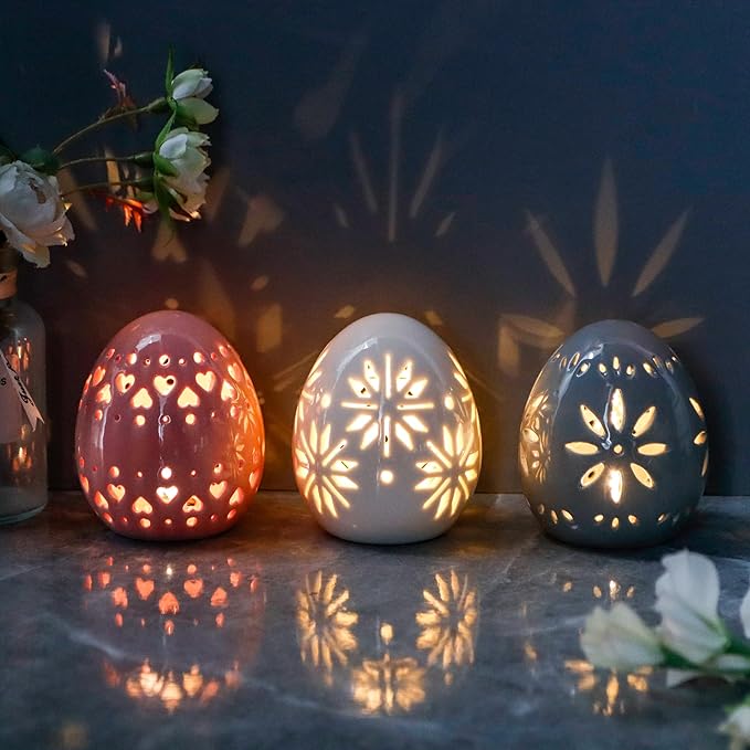 JHY DESIGN Set of 3 Ceramic Decorative Lamp 4" H Mood Lamp Battery Powered Floral Carved Cordless Light Great for Living Room Bedroom Weddings Parties Patio Events (Egg)