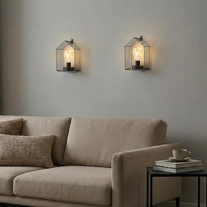 JHY DESIGN Set of 2 Battery Operated Wall Sconce 7''H Metal Wall Mount Lamp with 6-Hour Timer and Fairy Lights Bulb Table Lamp Wall Decor for Bedroom Living Room Hallway Stairway(House Shape)