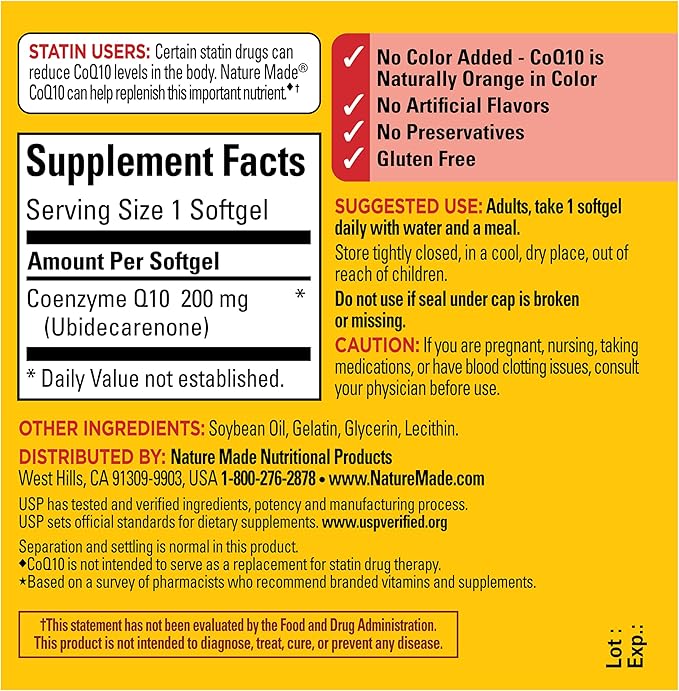 Nature Made CoQ10 200mg Softgels, Dietary Supplement for Heart Health Support, 40 Softgels, 40 Day Supply