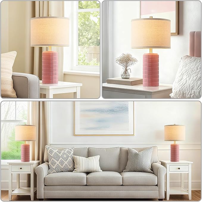 AIEAMPDO 23" Set of 2 Pink Ceramic Table Lamp for Living Room Bedroom, Modern Farmhouse Nightstand Desk Lamps for Dining Room Dresser End Table Entryway, 2 LED Bulbs Included