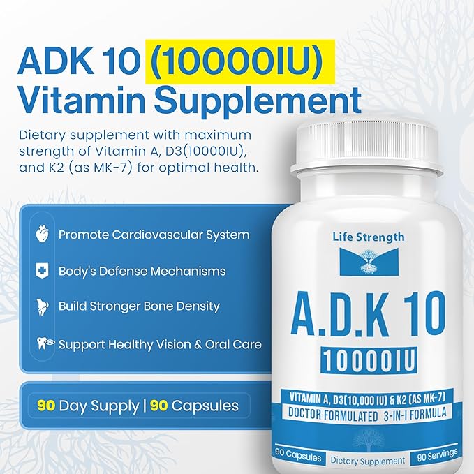 ADK 10 サプリメント 10000 IU (90粒) - 医師が処方した骨の健康のためのADKビタミンA、D3、K2 (MK7として) - 免疫システムサポート - グルテンフリー、大豆フリー、非GMO