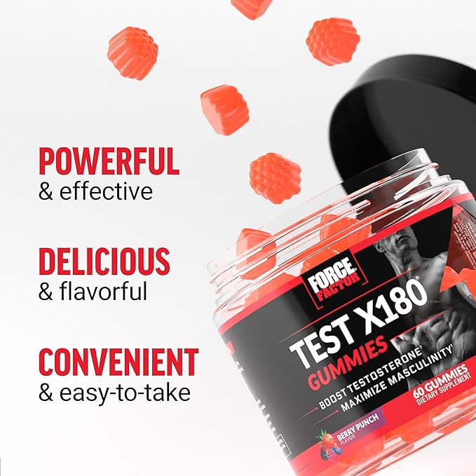 Force Factor Test X180 Gummies Testosterone Booster for Men with Tongkat Ali, Horny Goat Weed, Tribulus Terrestris, Fenugreek, & Black Maca, Testosterone Supplement for Men, Berry Punch, 60 Gummies