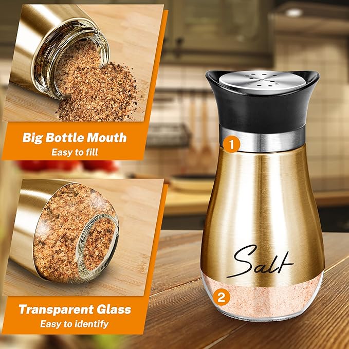 Salt and Pepper Shakers Set,4 oz Glass Bottom Salt Pepper Shaker with Stainless Steel Lid for Kitchen Cooking Table, RV, Camp,BBQ Refillable Design (Copper)