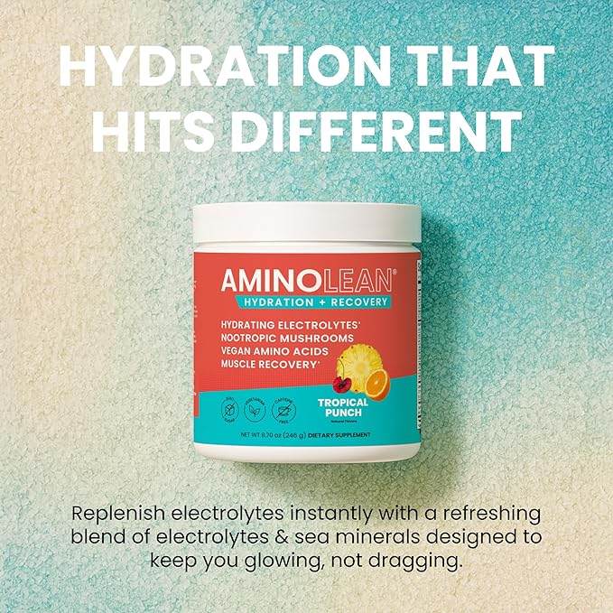 AminoLean Recovery + Hydration – Electrolytes Powder & BCAA Amino Acids for Instant Hydration & Post-Workout Recovery – Nootropic Mushrooms, Vegan Aminos, Zero Sugar, 30 Servings
