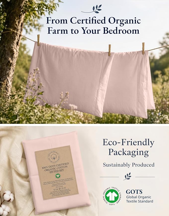LANE LINEN 100% Organic Cotton Full Fitted Sheet & Pillowcases (No Flat Sheet) - Soft & Breathable Percale Weave Set - Hotel Quality Crispness - 15'' Deep Pocket - GOTS Certified - Sepia Rose