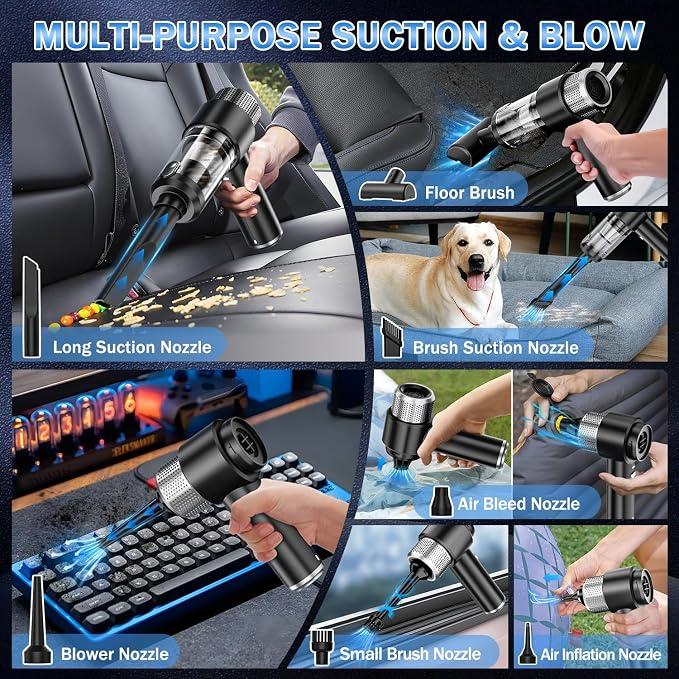KMM Handheld Car Vacuum Cleaner, 16000PA Hand Held Vacuum Portable Cordless, 2 in 1 Air Duster and Vacuum Cleaner with LED Light, Multi-Nozzles, 120W High Power Mini Vacuum for Home, Pet, Office
