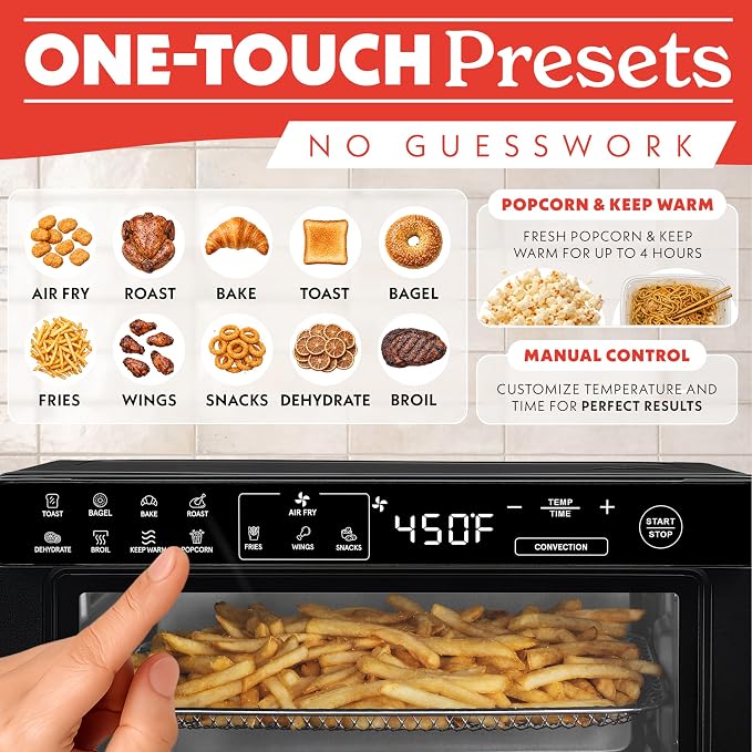 Gourmia Toaster Oven Digital Air Fryer - Convection Mode with 4 Slice Capacity, 3 Rack Positions, 12 Presets, Toast, Bagel, Bake, Roast, Broil, Dehydrate, Popcorn, Fits 9" Pizza, Black
