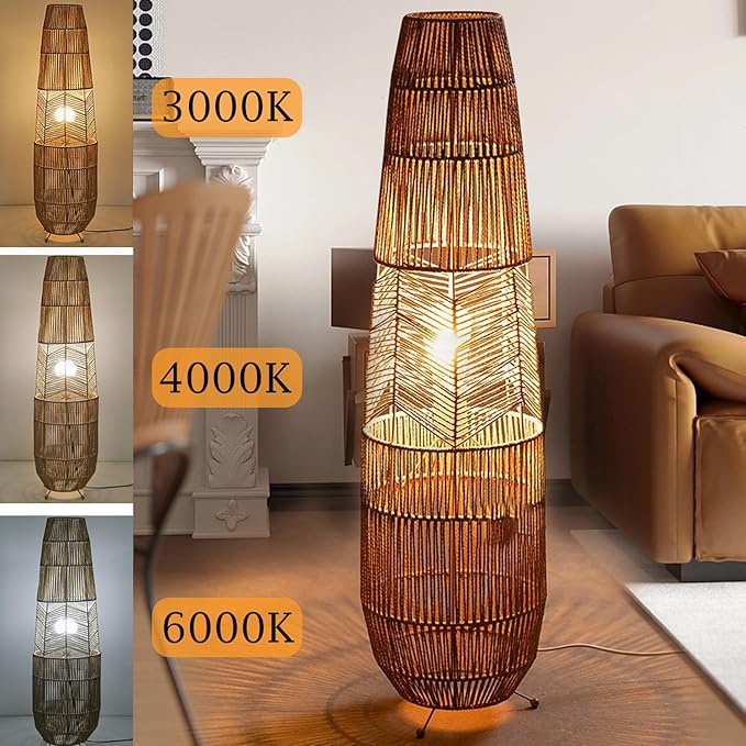 MIXL-Rope-Weaving Floor Lamp with Foot Switches,Dimmable Led Boho Floor Lamps,Minimalist Reading Lamp Floor Standing,Bohemian Style Standing Lamps for Bedroom Study and Living Room