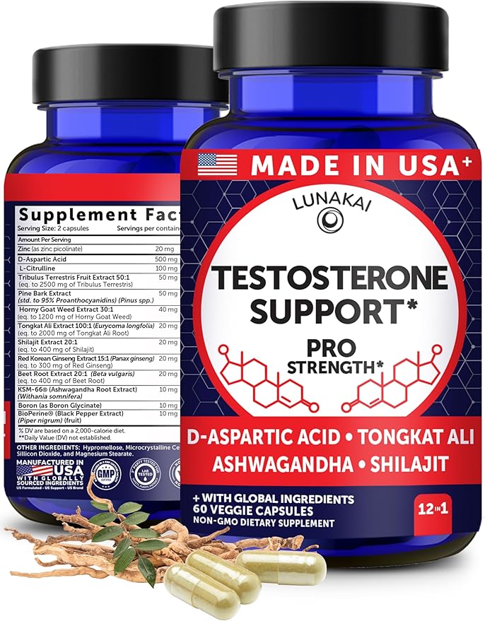 Lunakai USA Made Natural Testosterone Booster for Men with Tongkat Ali, Ashwagandha & Shilajit - Testosterone Supplement for Strength, Energy & Stamina, 60ct