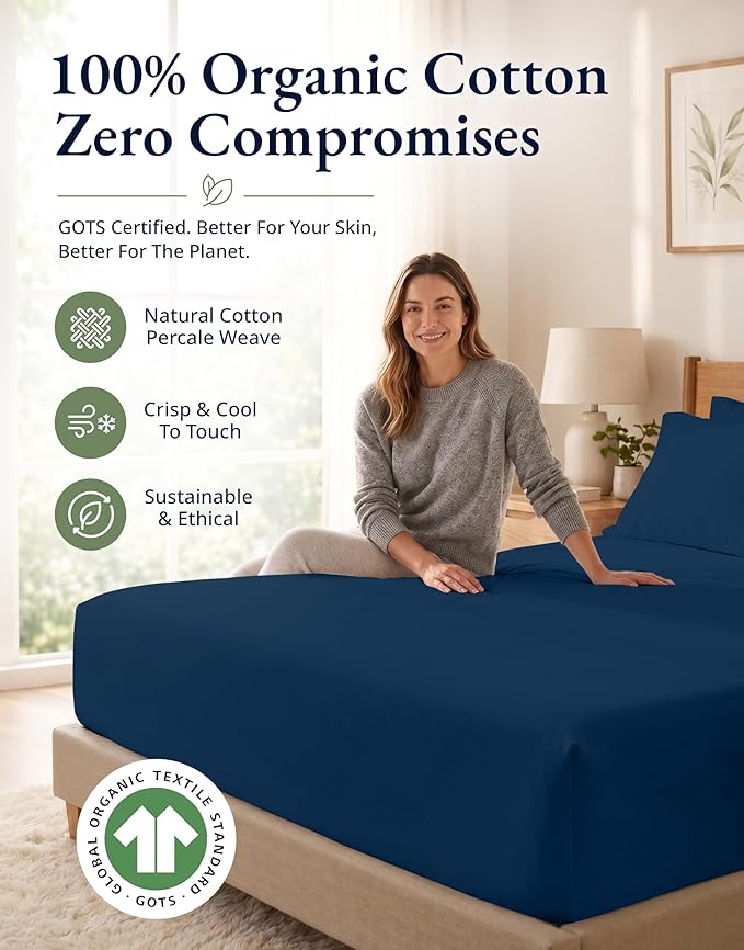 LANE LINEN 100% Organic Cotton Fitted Sheet Twin Size Set (No Flat Sheet) - Soft & Breathable Percale Weave Fitted Sheet Set - 15'' Deep Pocket For Snug Fit - GOTS Certified - Navy