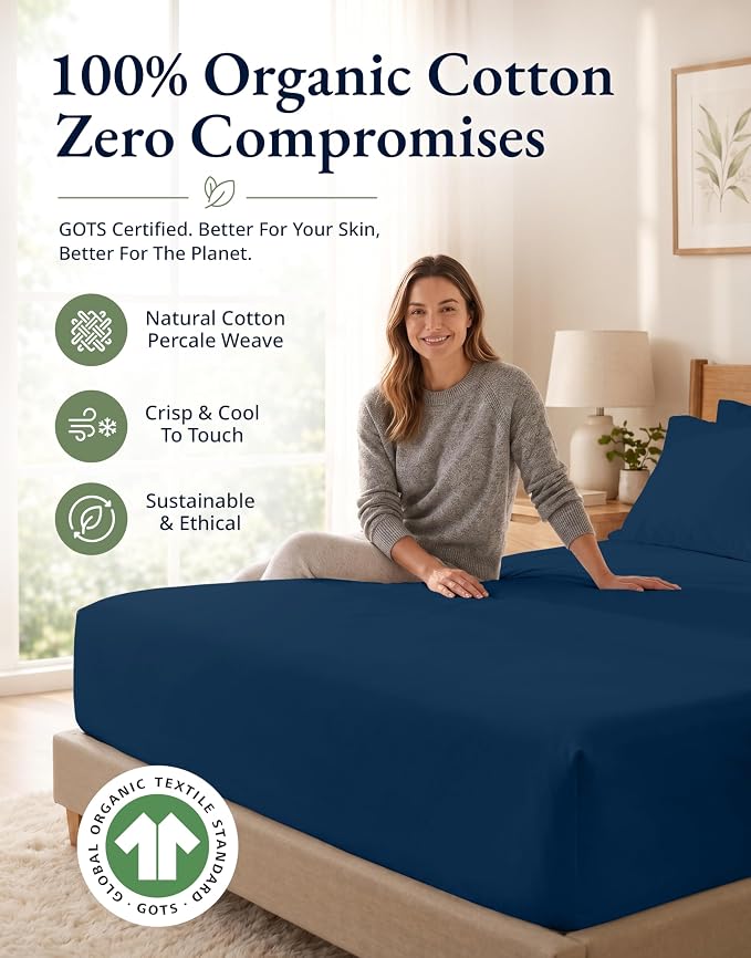 LANE LINEN Fitted Sheet, 100% Organic Cotton Fitted Bed Sheets, Soft & Comfy Naturally Cooling Eco Friendly All Weather Fitted Sheets Queen Fits Mattress Upto 15" Deep- Navy (Cases Included)